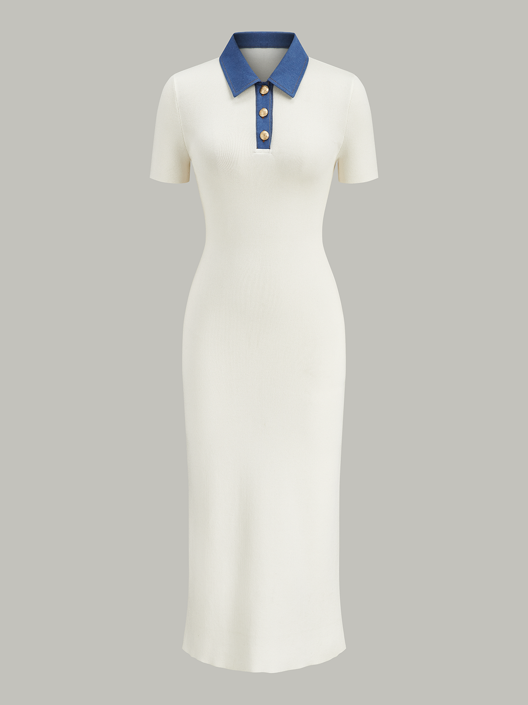Robe Mi-longue Boutonnée en Polo avec Col en Denim