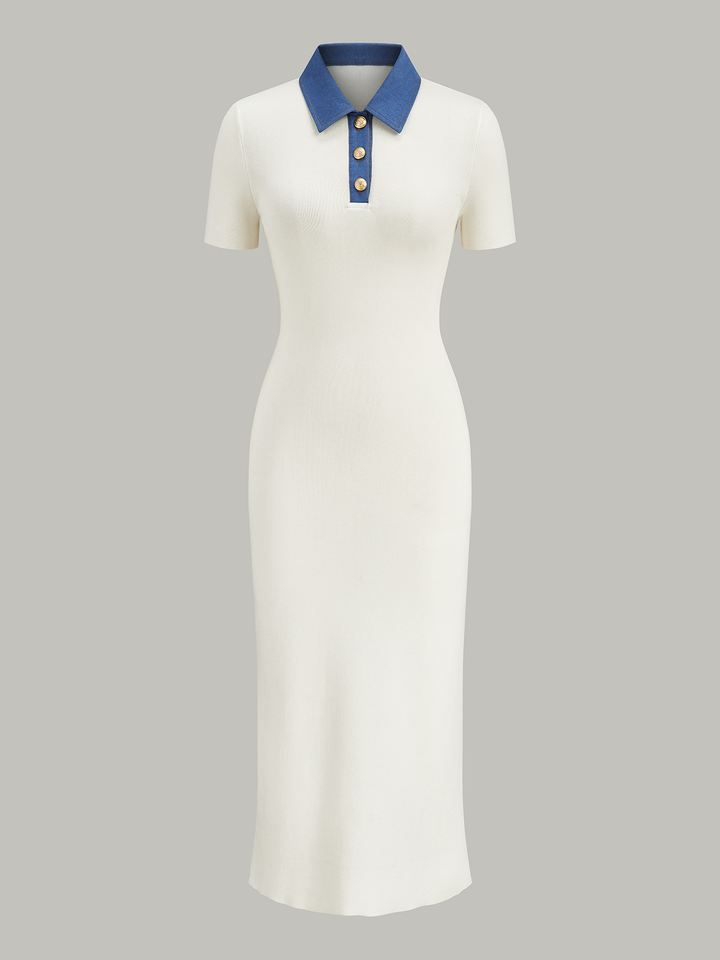 Robe Mi-longue Boutonnée en Polo avec Col en Denim