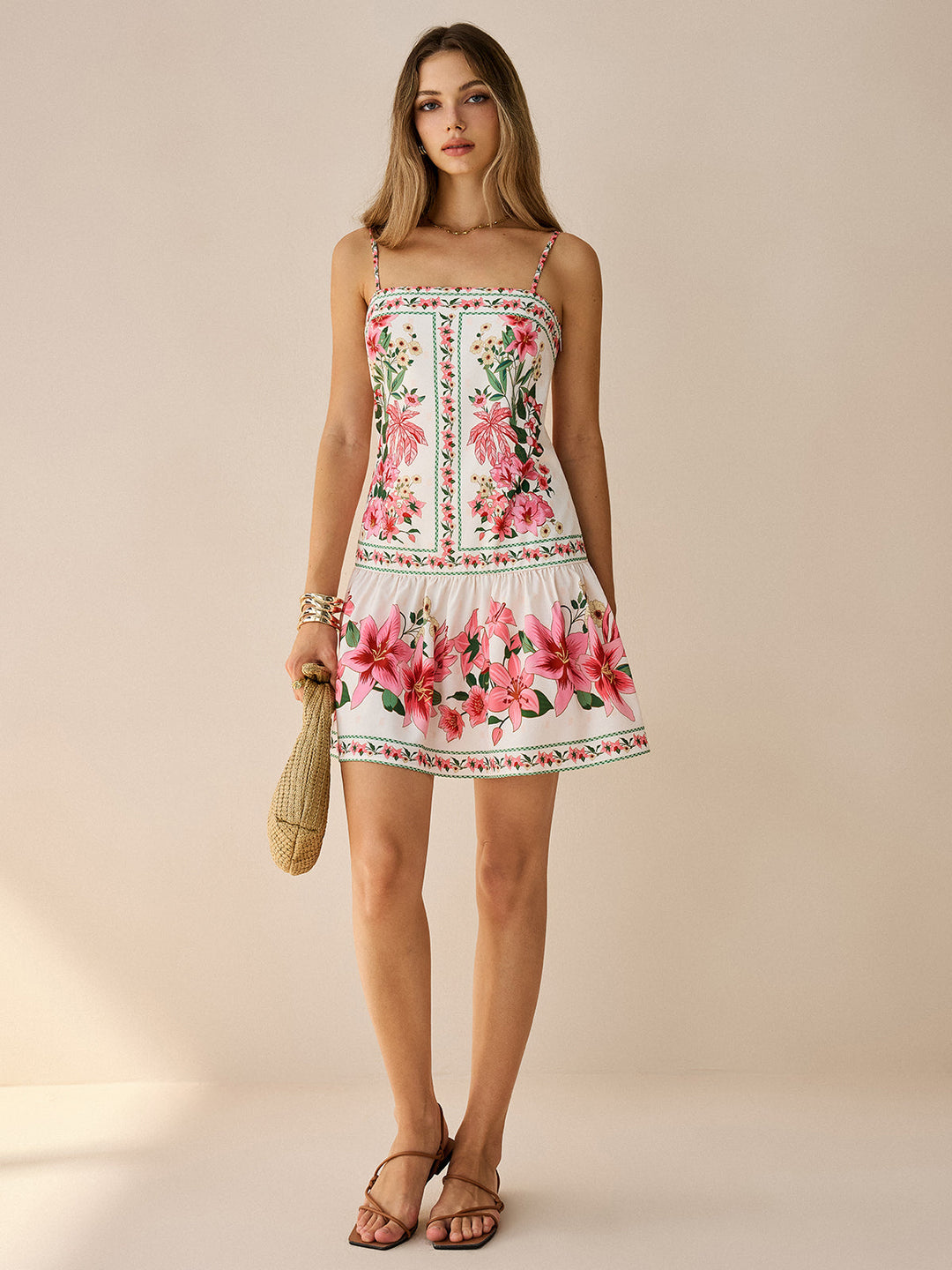 Robe Mini à Bretelles Spaghetti à Imprimé Floral
