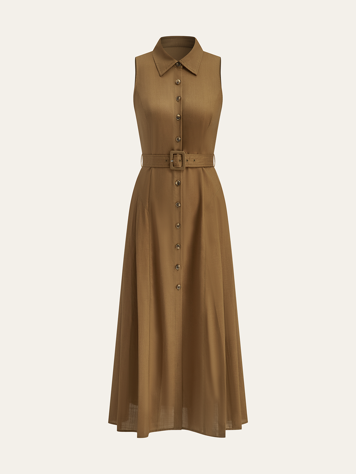 Robe Longue Sans Manches à Ceinture et Boutons