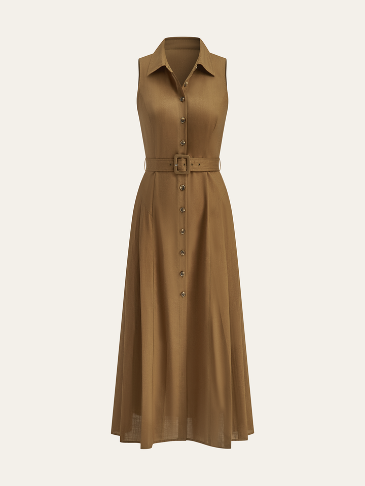 Robe Longue Sans Manches à Ceinture et Boutons