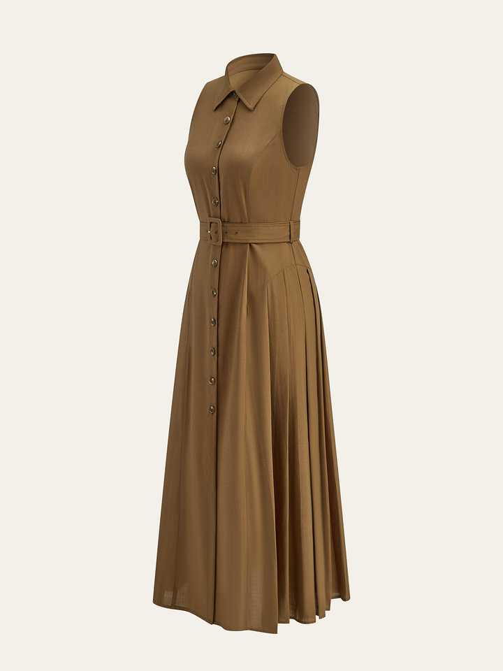 Robe Longue Sans Manches à Ceinture et Boutons
