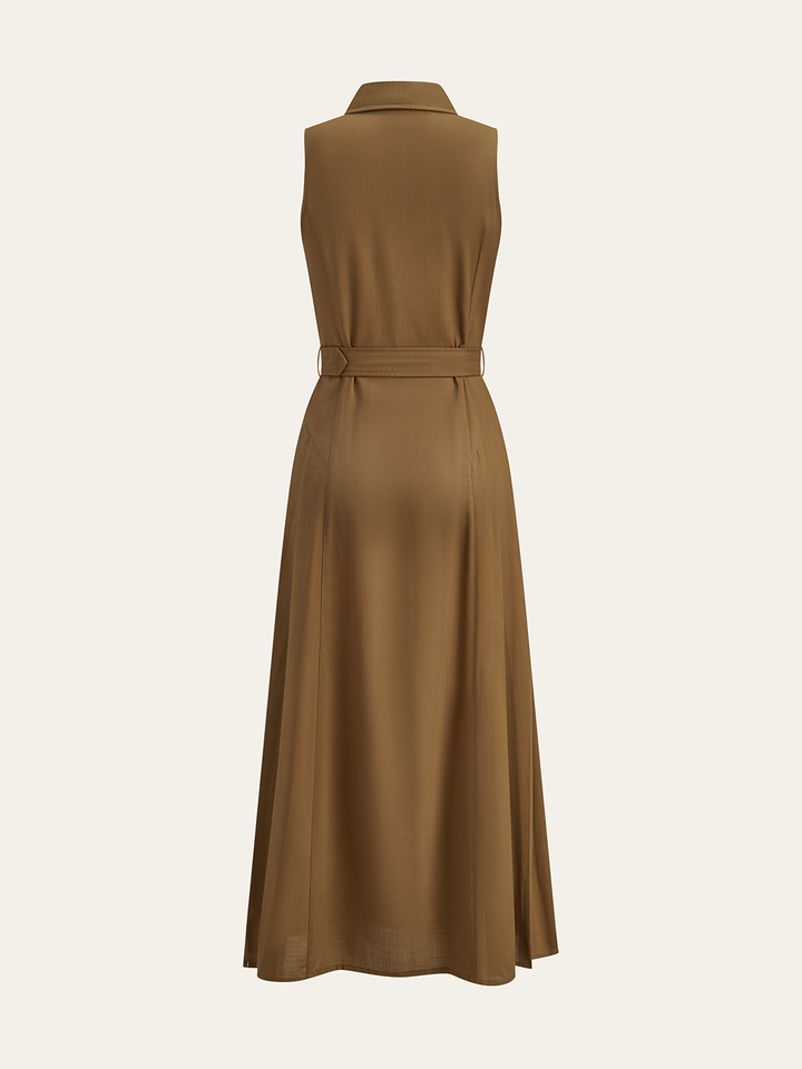 Robe Longue Sans Manches à Ceinture et Boutons