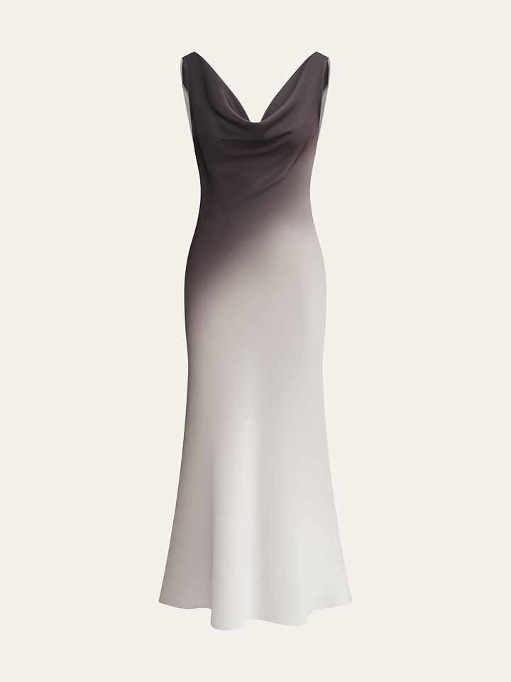 Robe Longue à Col Cheminée en Satin Ombré