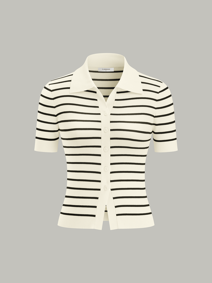 Cardigan en tricot à col polo à manches courtes et rayures