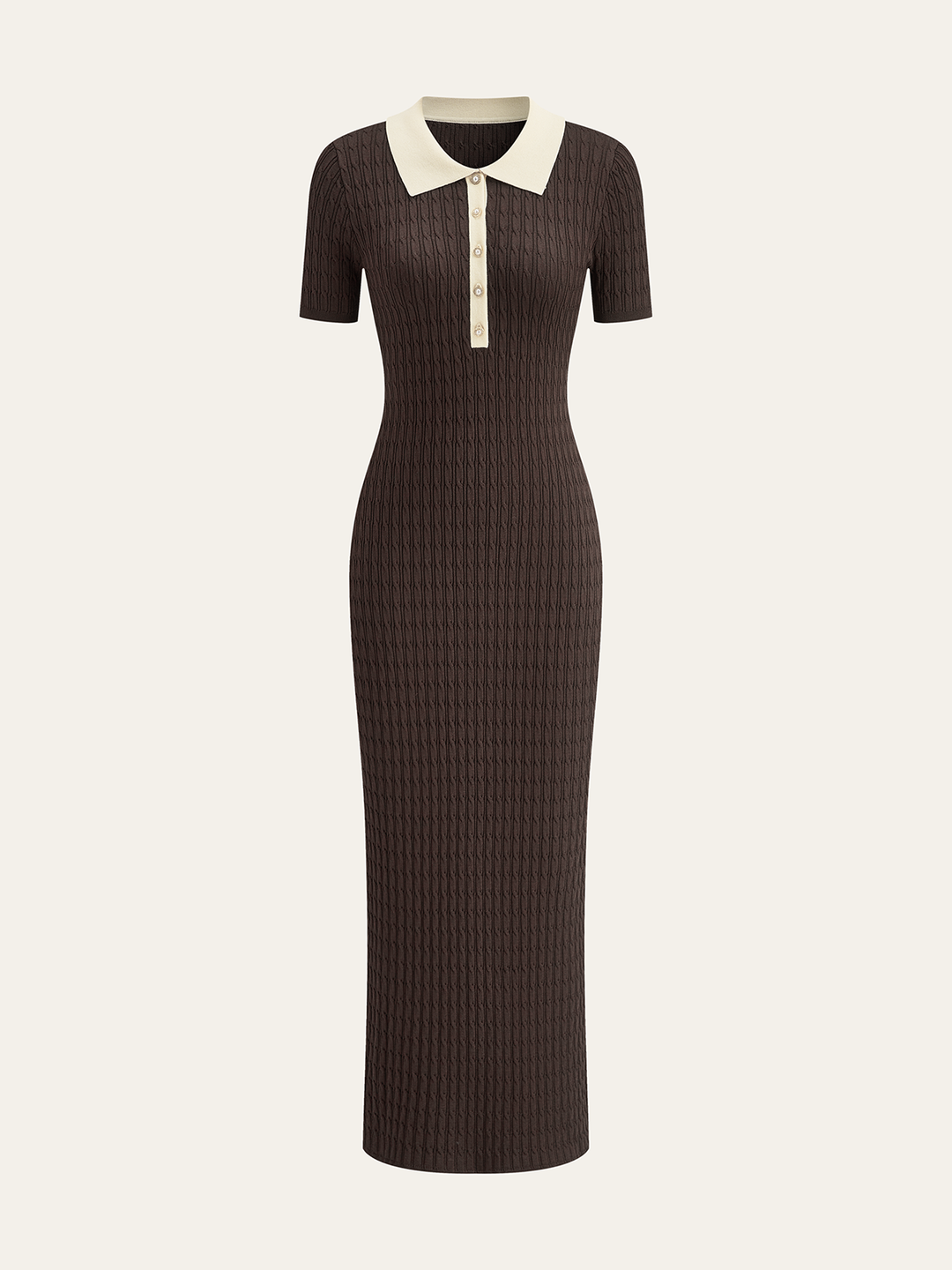 Robe Midi Maille Câblée à Col Contrastant