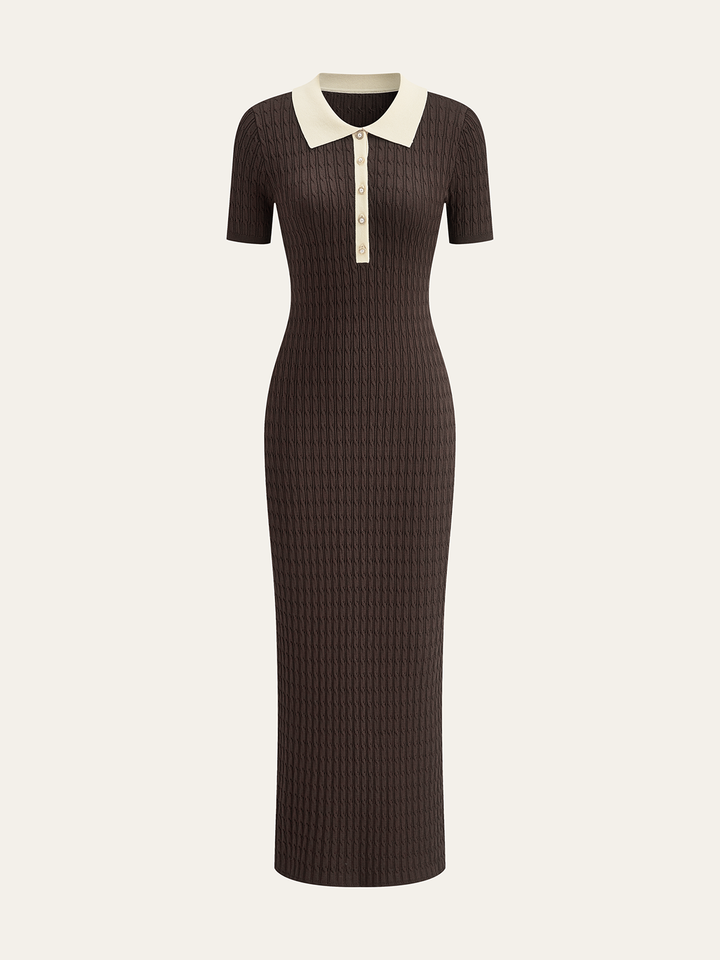Robe Midi Maille Câblée à Col Contrastant