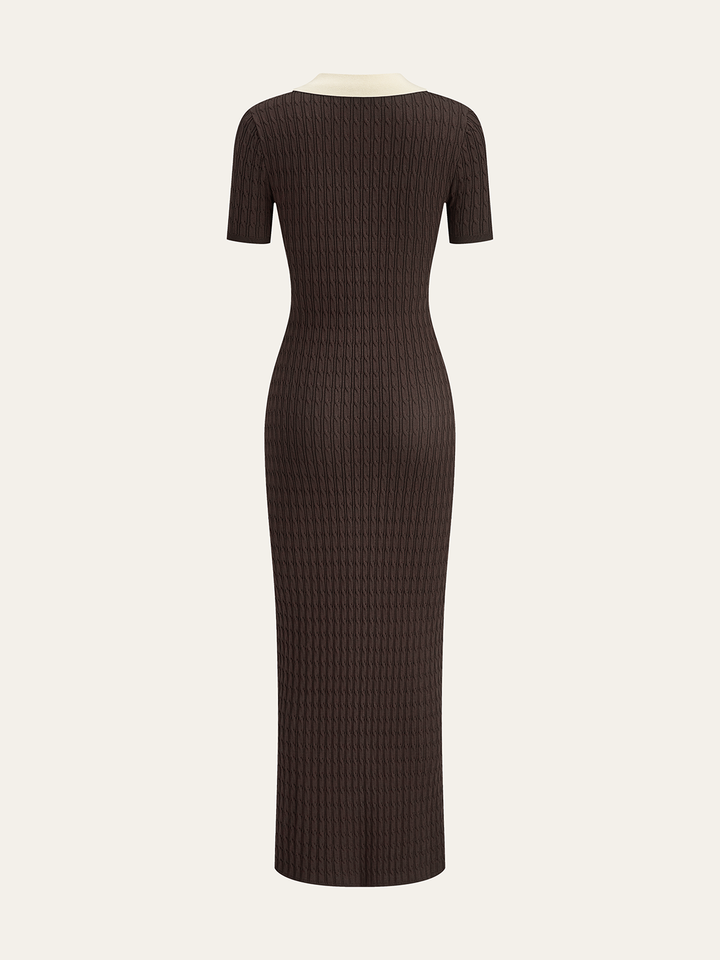 Robe Midi Maille Câblée à Col Contrastant