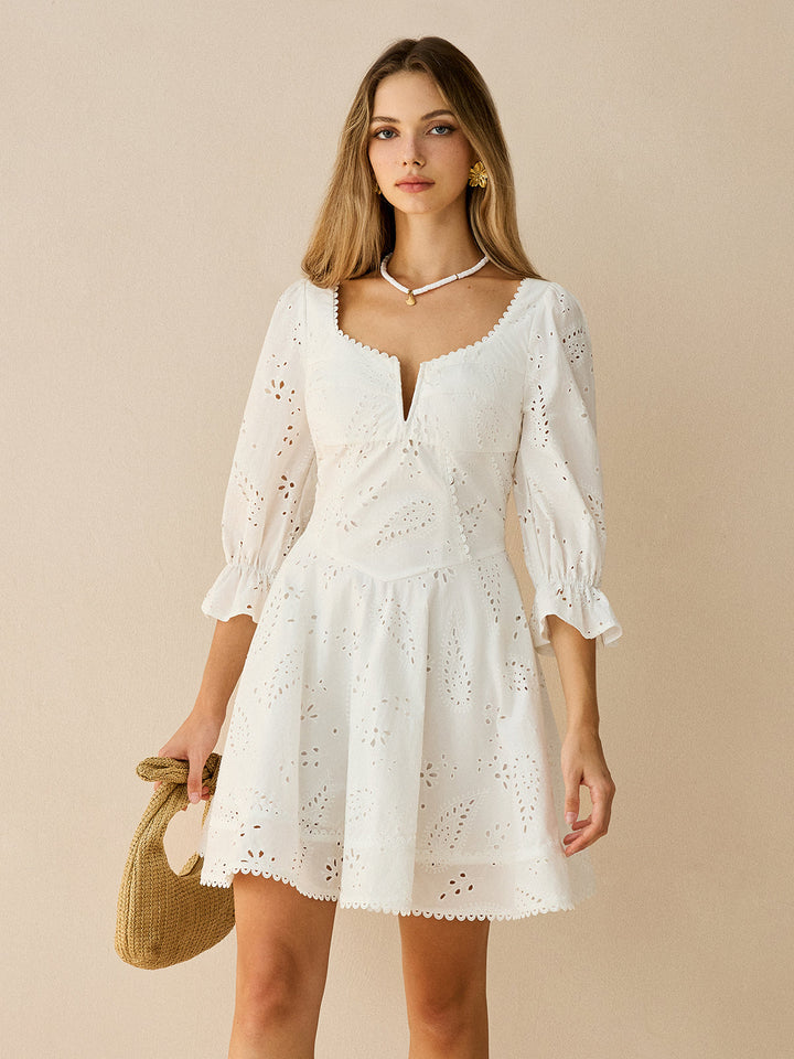 Robe Courte Œillet Festonné en Coton