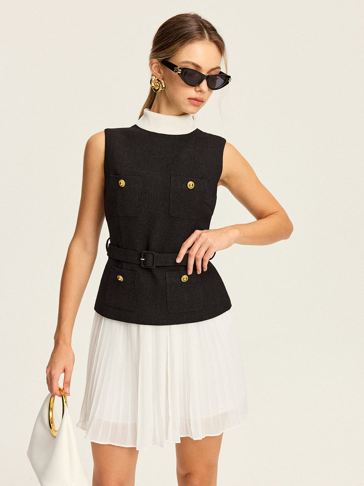Ensemble Jupe Plissée et Gilet Sans Manches à Ceinture