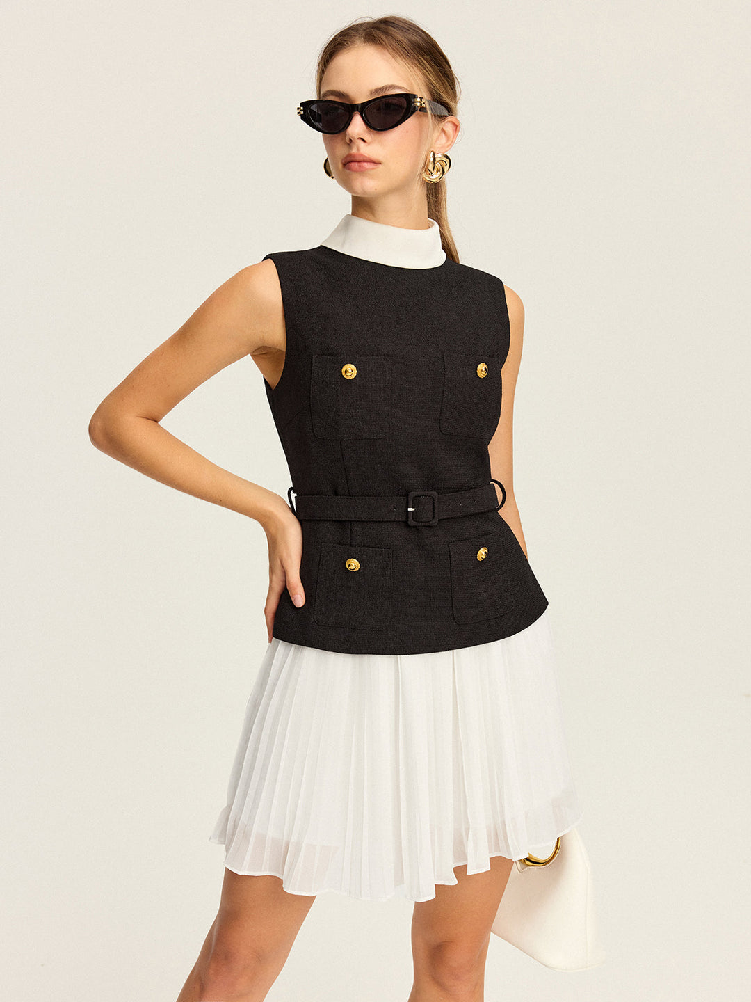 Ensemble Jupe Plissée et Gilet Sans Manches à Ceinture