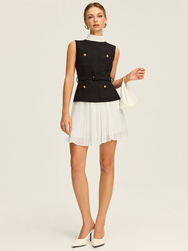 Ensemble Jupe Plissée et Gilet Sans Manches à Ceinture