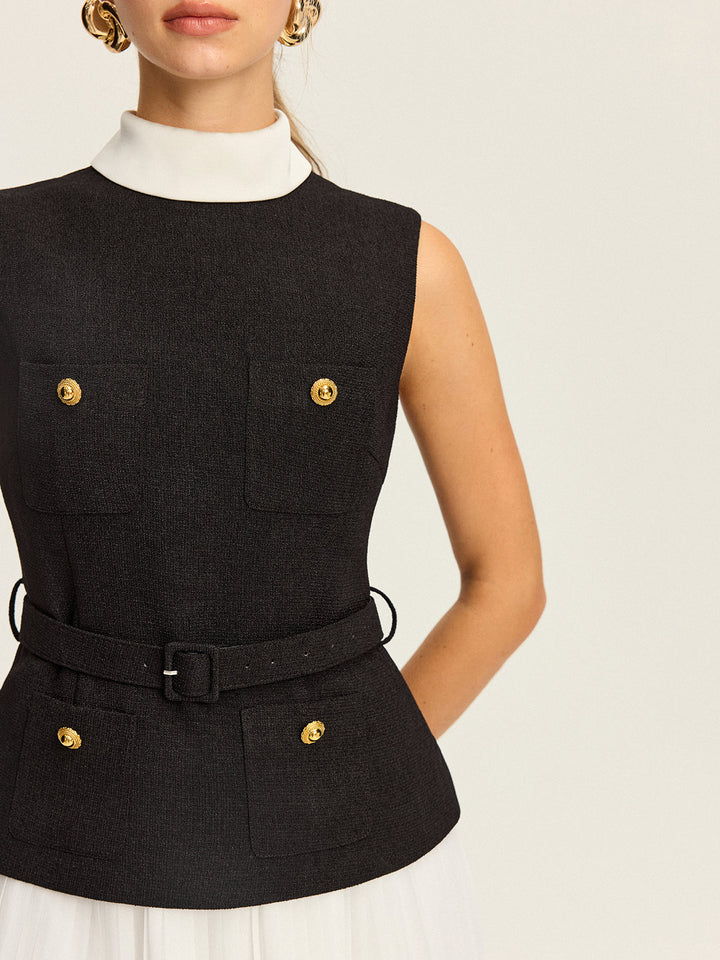 Ensemble Jupe Plissée et Gilet Sans Manches à Ceinture