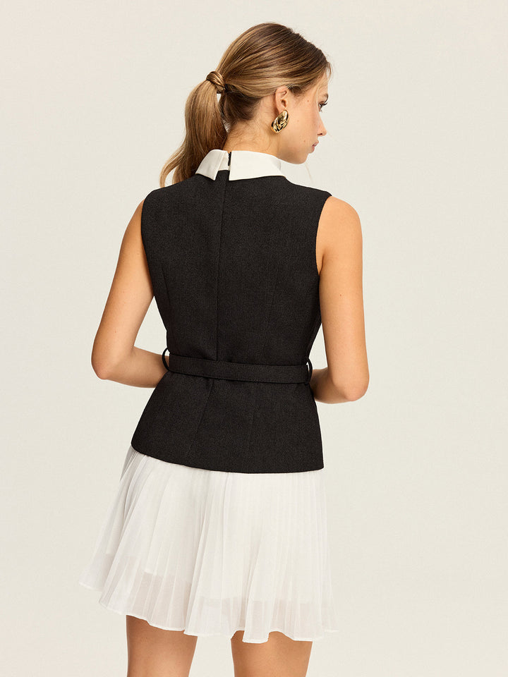 Ensemble Jupe Plissée et Gilet Sans Manches à Ceinture