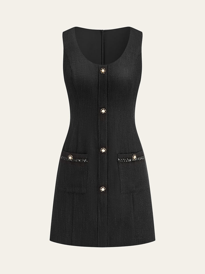 Robe Mini Boutonnée Sans Manches en Tweed