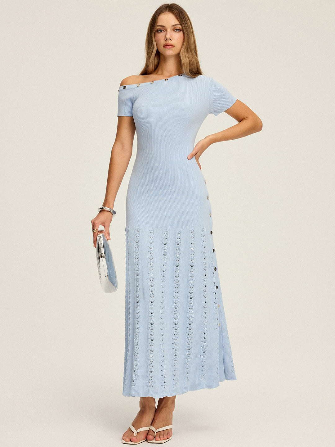 Robe Longue Tricotée à Volants à une Épaule et Boutons