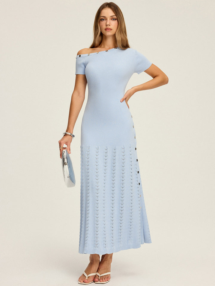 Robe Longue Tricotée à Volants à une Épaule et Boutons