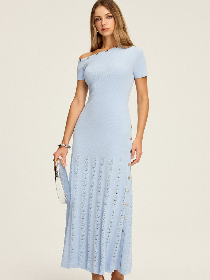 Robe Longue Tricotée à Volants à une Épaule et Boutons