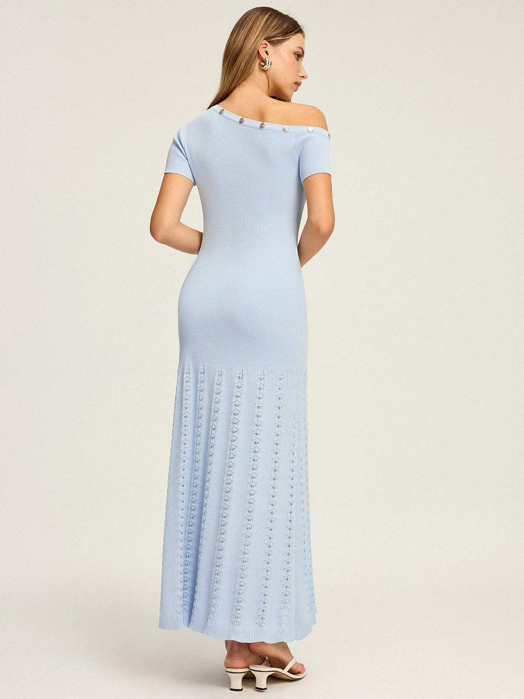 Robe Longue Tricotée à Volants à une Épaule et Boutons