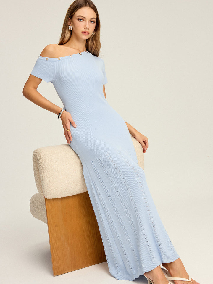 Robe Longue Tricotée à Volants à une Épaule et Boutons