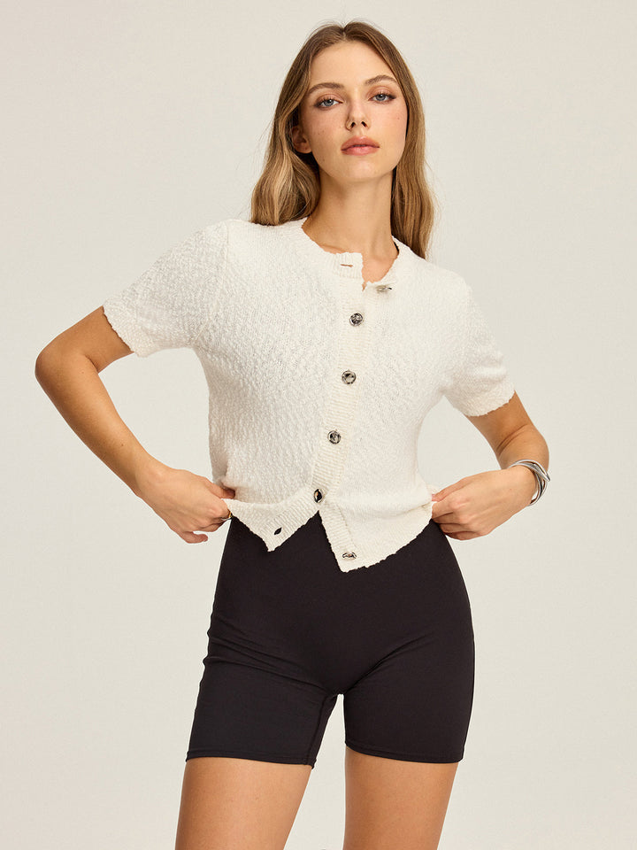 Cardigan Court Manches Courtes Texturé Tricoté