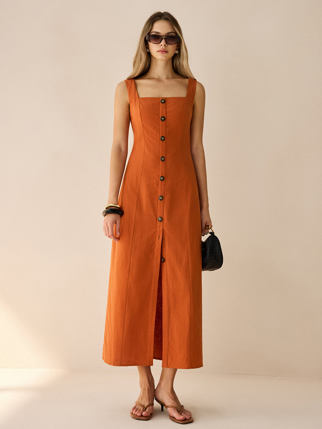 Robe Longue à Col Carré Boutonnée avec Fente