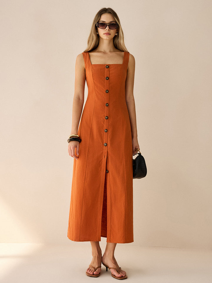 Robe Longue à Col Carré Boutonnée avec Fente