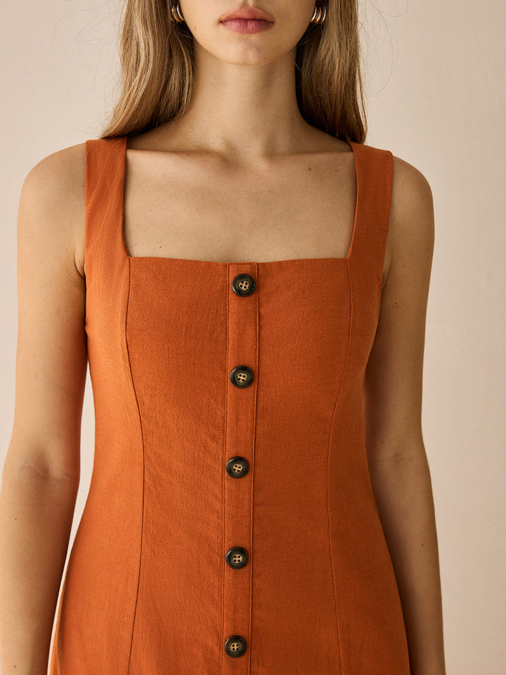 Robe Longue à Col Carré Boutonnée avec Fente