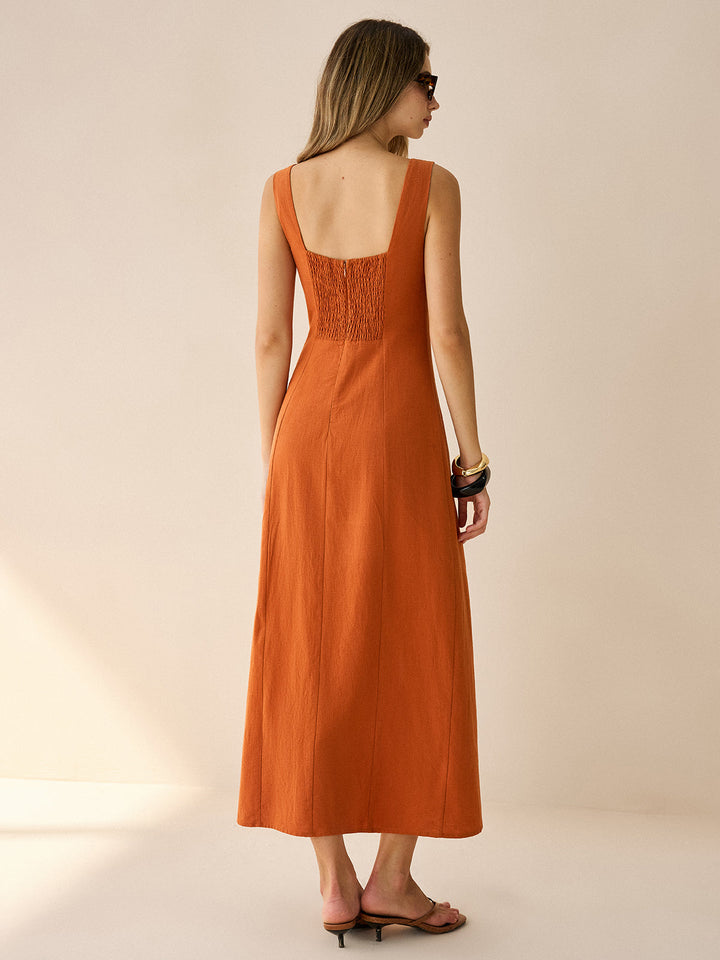 Robe Longue à Col Carré Boutonnée avec Fente