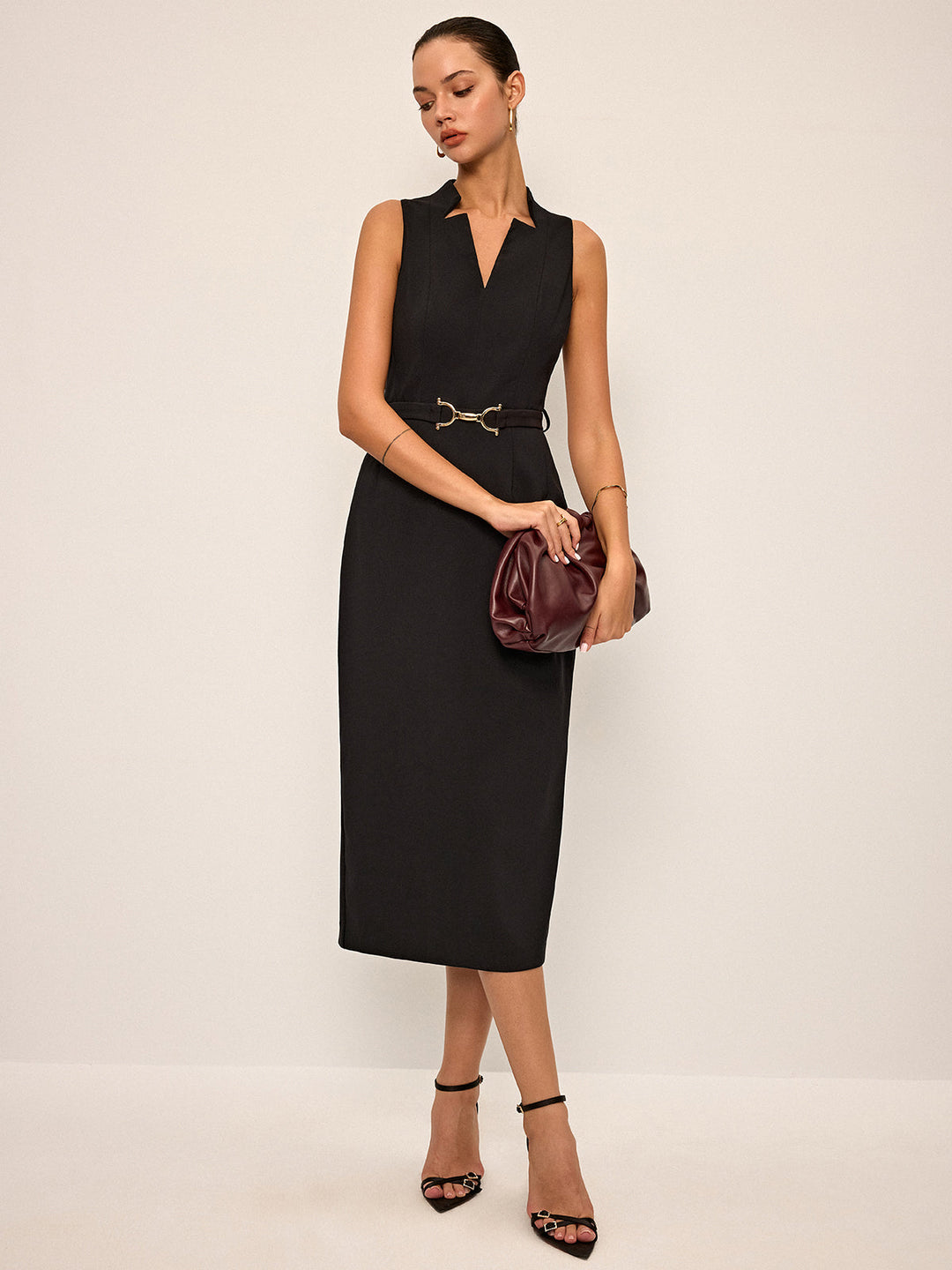 Robe Mi-longue sans Manches à Col en V avec Ceinture