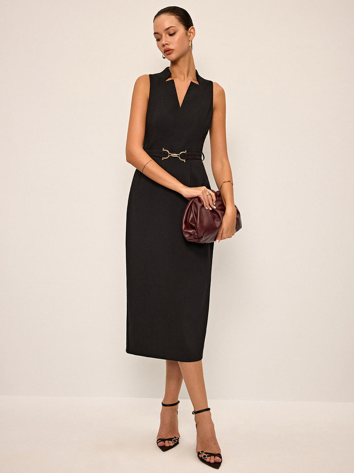 Robe Mi-longue sans Manches à Col en V avec Ceinture