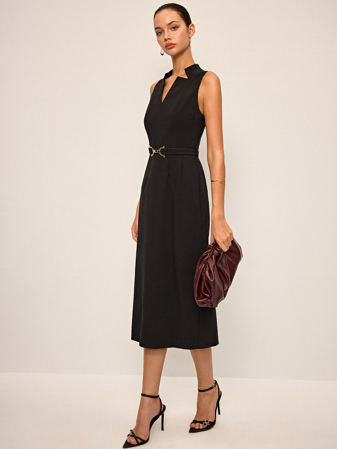 Robe Mi-longue sans Manches à Col en V avec Ceinture