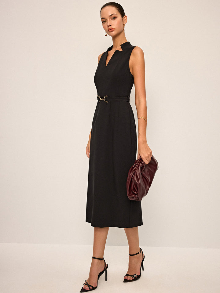 Robe Mi-longue sans Manches à Col en V avec Ceinture