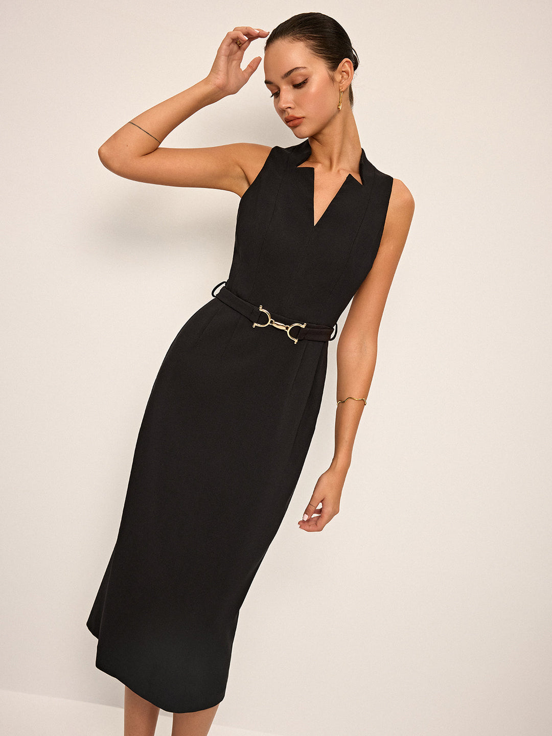 Robe Mi-longue sans Manches à Col en V avec Ceinture