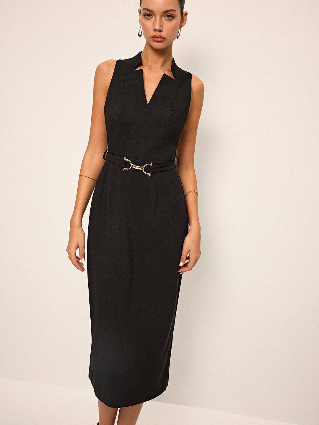 Robe Mi-longue sans Manches à Col en V avec Ceinture