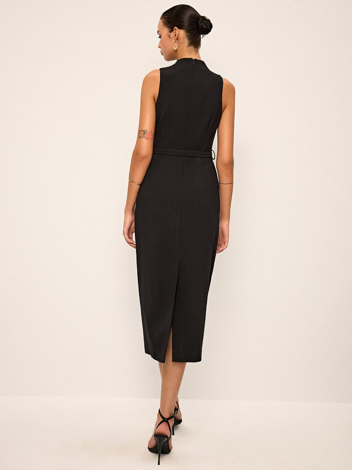Robe Mi-longue sans Manches à Col en V avec Ceinture