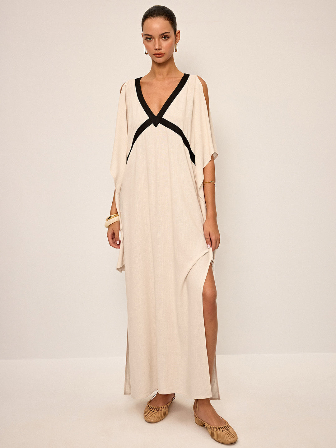 Robe Maxi à Col Contrasté avec Fente
