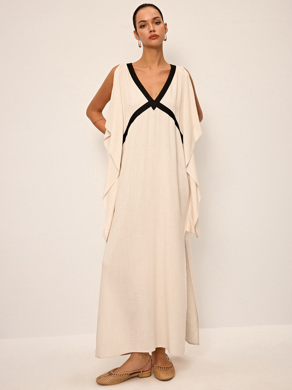 Robe Maxi à Col Contrasté avec Fente