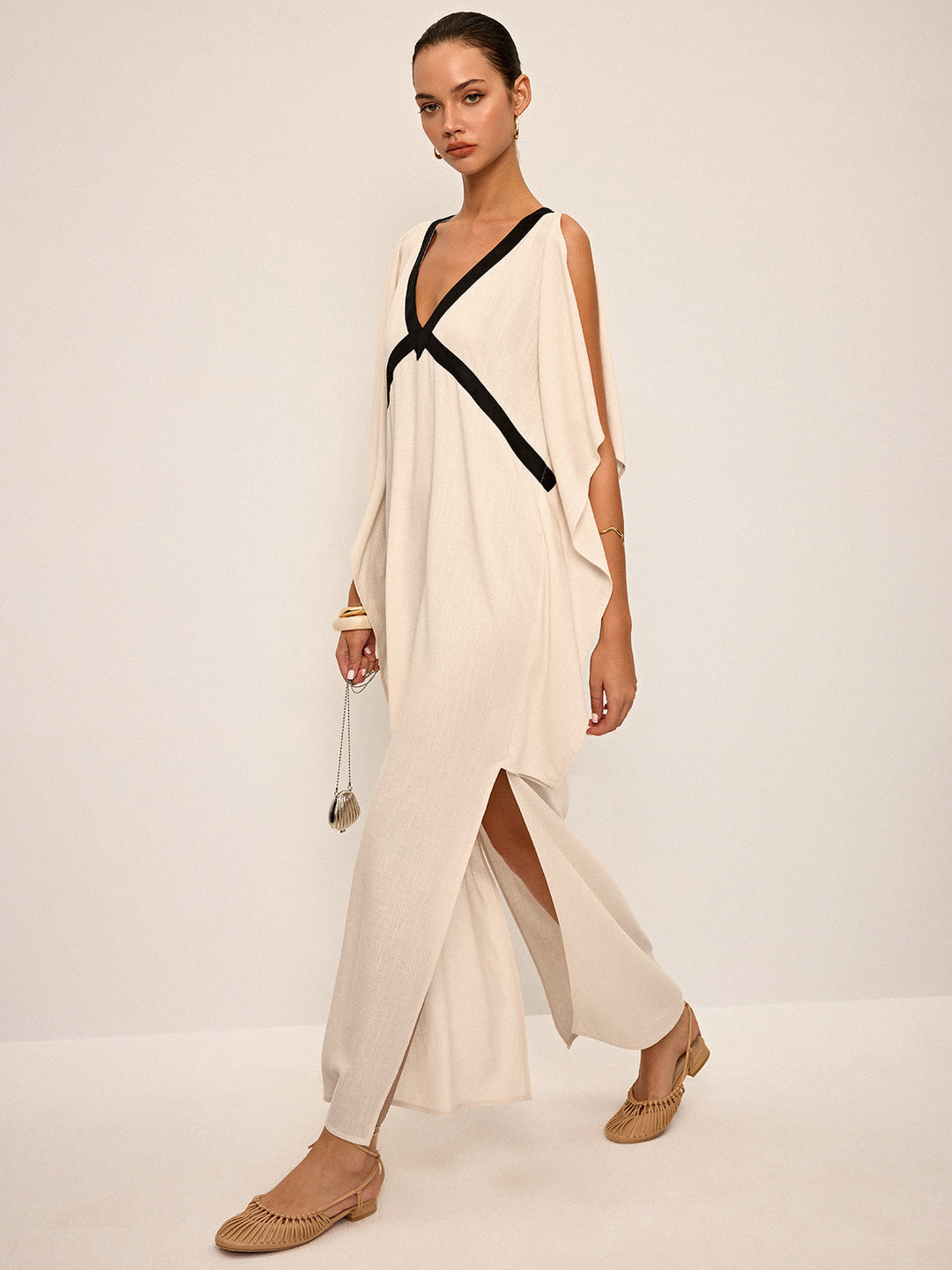 Robe Maxi à Col Contrasté avec Fente