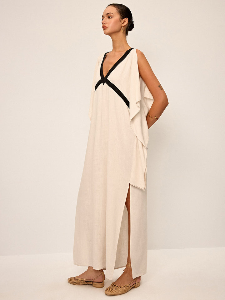 Robe Maxi à Col Contrasté avec Fente