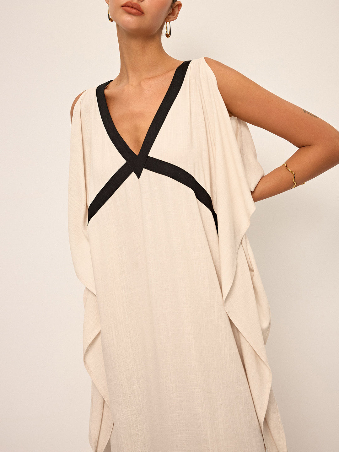Robe Maxi à Col Contrasté avec Fente
