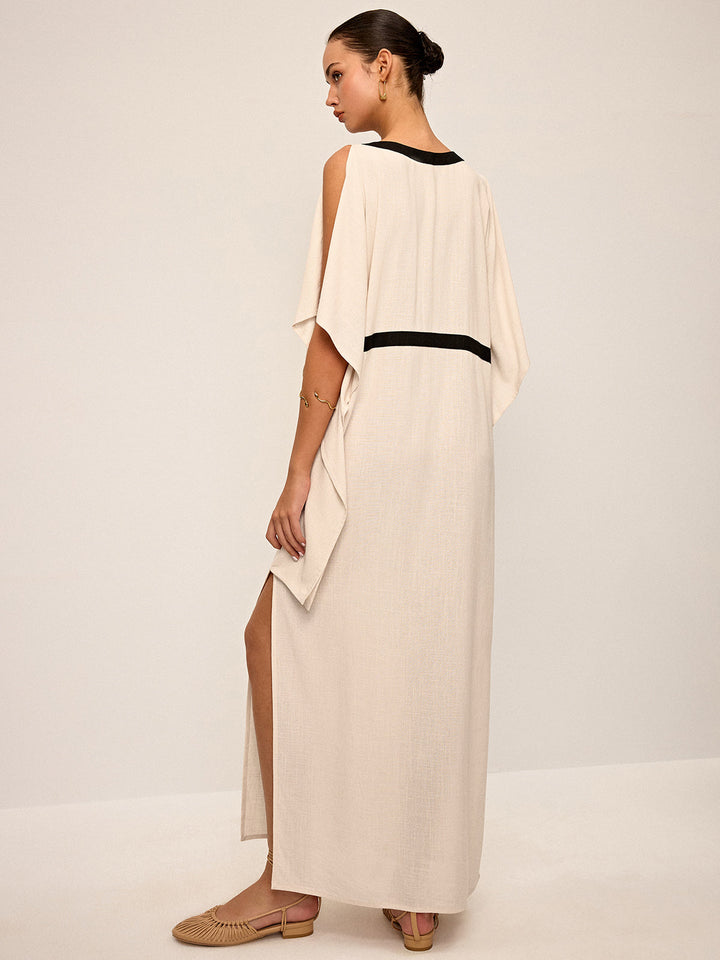 Robe Maxi à Col Contrasté avec Fente