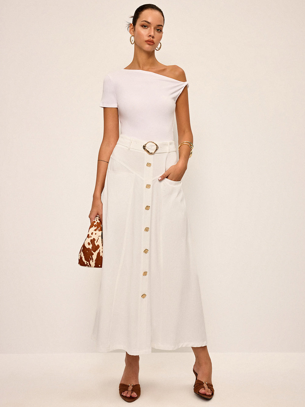 Jupe Midi en Coton à Boutons sur le Devant avec Ceinture