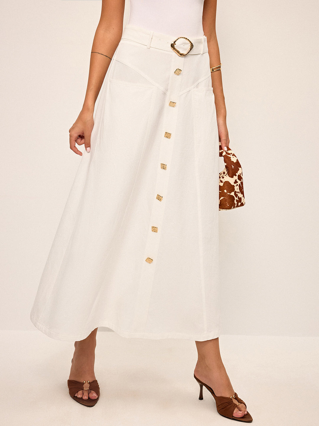 Jupe Midi en Coton à Boutons sur le Devant avec Ceinture