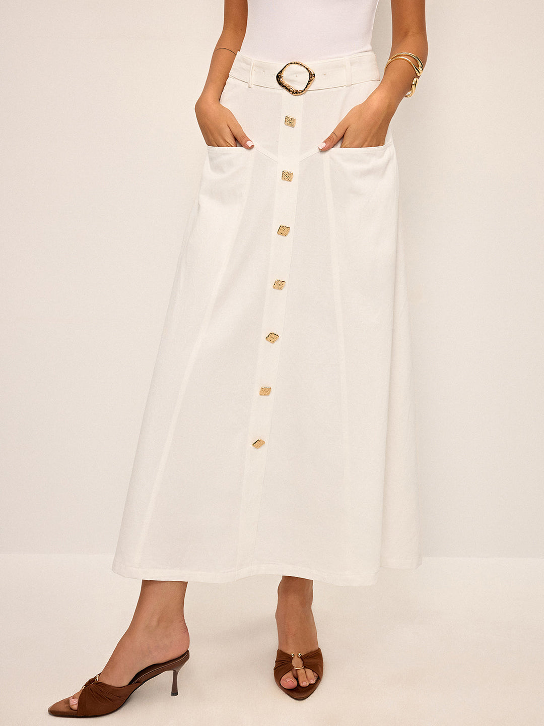 Jupe Midi en Coton à Boutons sur le Devant avec Ceinture