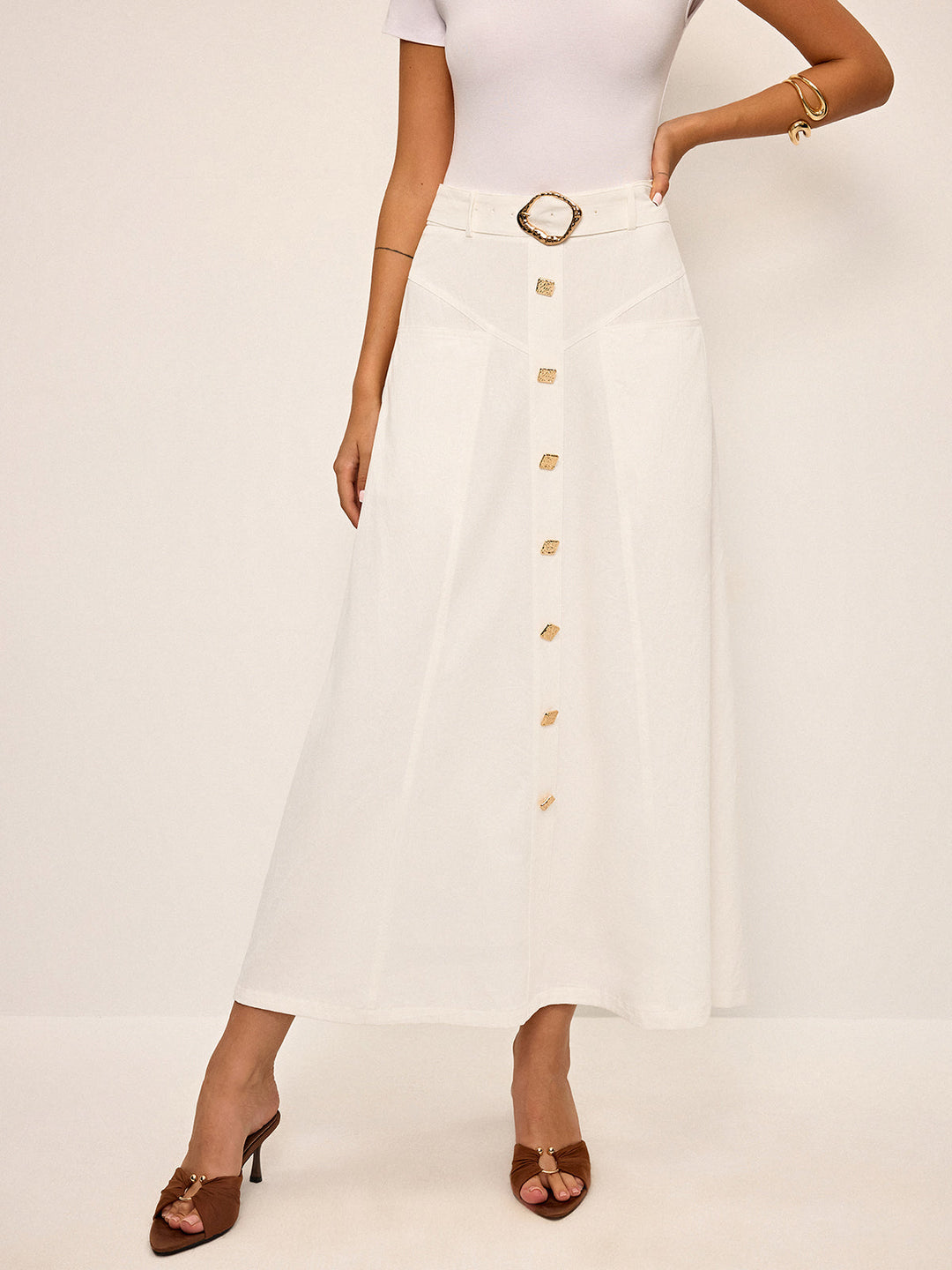 Jupe Midi en Coton à Boutons sur le Devant avec Ceinture