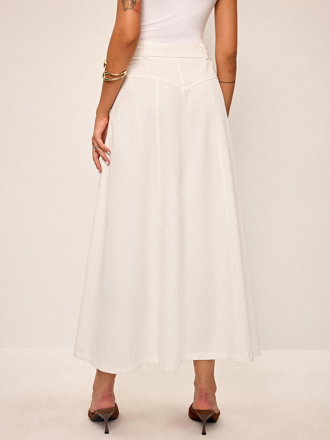 Jupe Midi en Coton à Boutons sur le Devant avec Ceinture