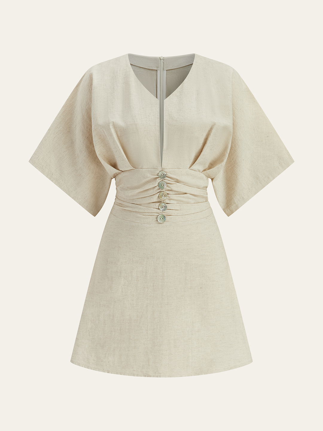 Robe Mini en Coton et Lin Ruchée avec Boutons