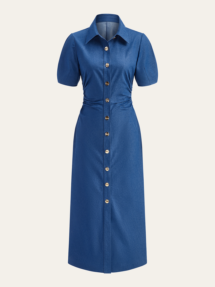 Robe Mi-Longue Boutonnée à Col Polo Ruché