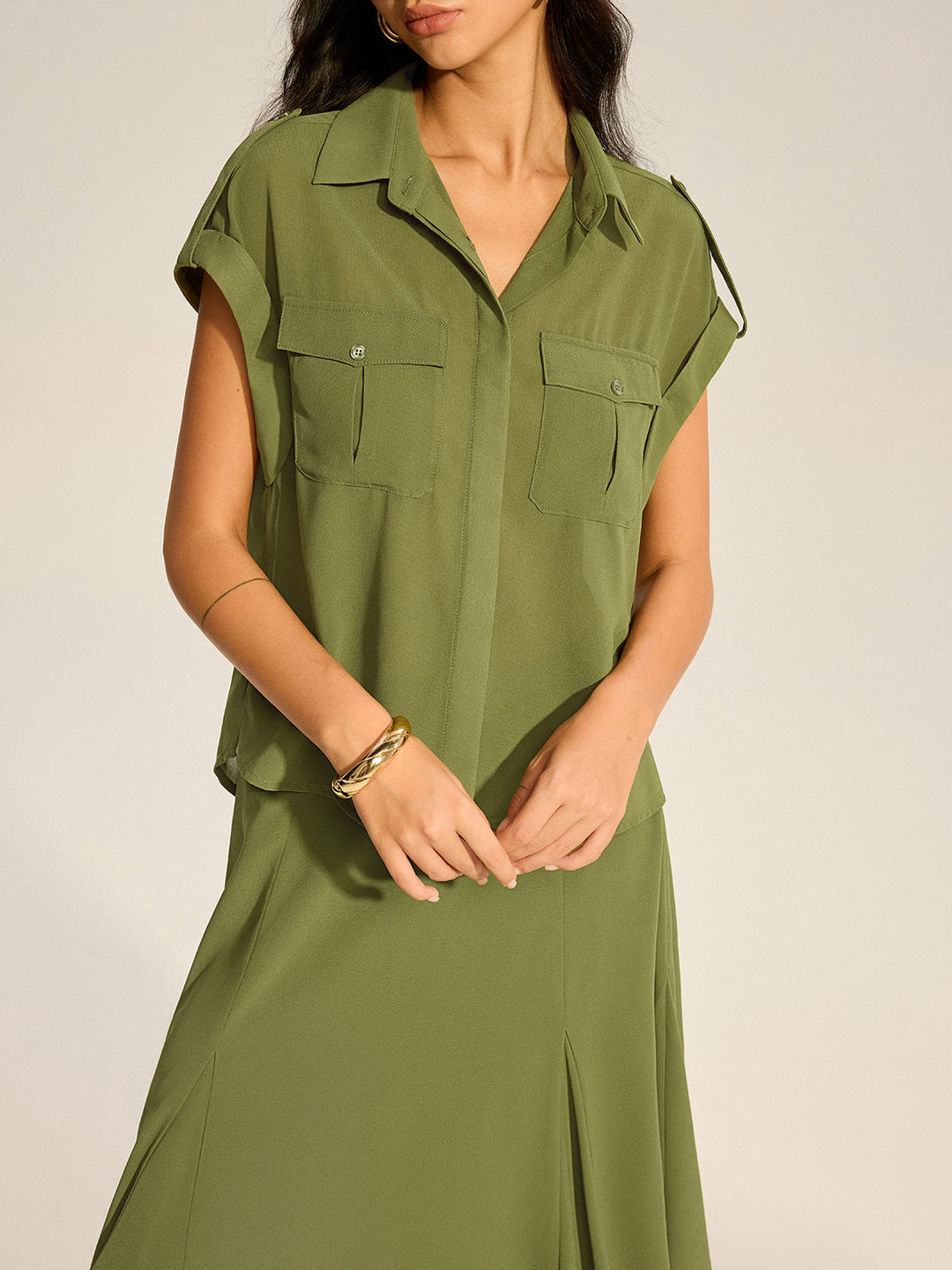 Ensemble Chemise en Mousseline à Manches Revers et Jupe Midi à Poches